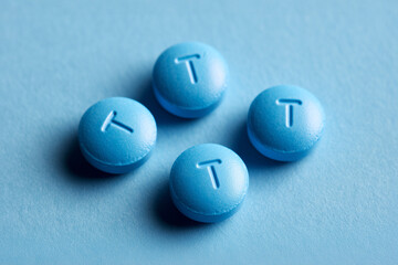 4 small blue pills with T embossed on each, testosterone themes