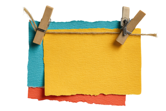 PNG Colorful blank paper sheets with clothespins on twine
