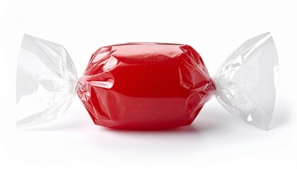 red sweet candy in transparent pack on white background