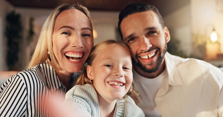 Fototapeta premium Mom, dad and girl with selfie in home with smile, hug or excited for care, love or bonding in lounge. People, parents and child with photography, portrait or happy in profile picture at family house