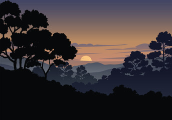 Foggy forest sunset silhouette illustration