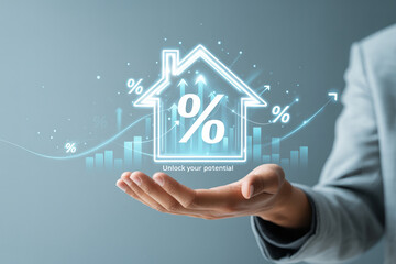 Hands gently holding a glowing holographic house with percentage symbol and upward bar graphs in a futuristic blue-toned setting

