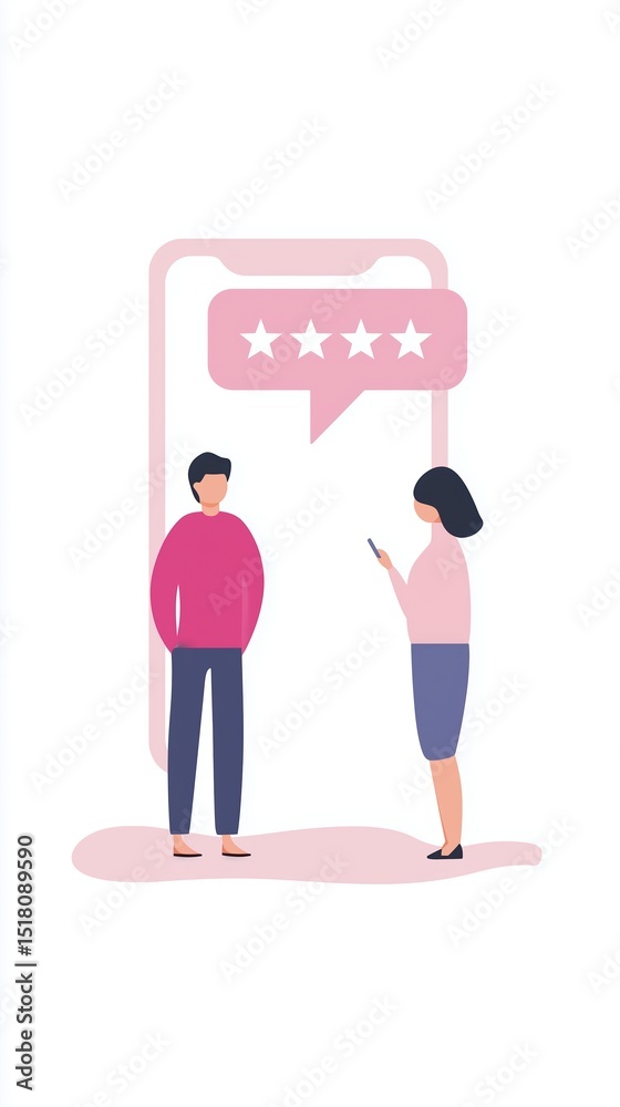 Poster two characters engaged in a digital conversation, with a smartphone displaying a rating system, illu
