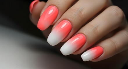 Stylish Gradient Coral and White Ombre Nail Art on Woman's Fingernails