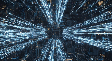 Digital Data Stream Lines Illuminating City Abstract Concept
