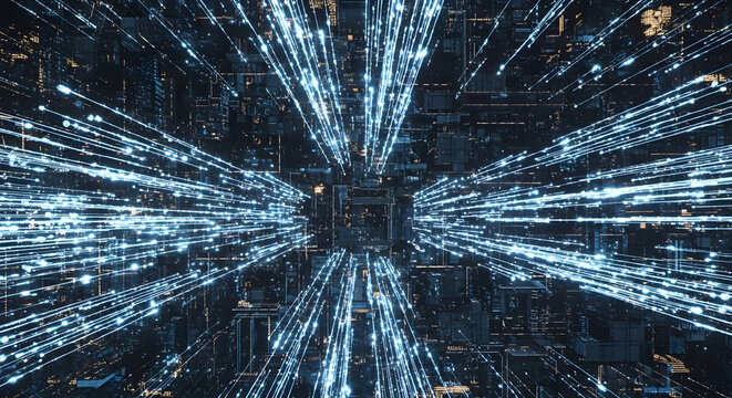 Fototapeta Digital Data Stream Lines Illuminating City Abstract Concept