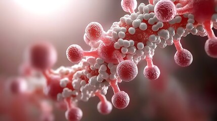 Microscopic View of Cellular Structure Detailed 3D Render of Biological Cell Red and White Spheres