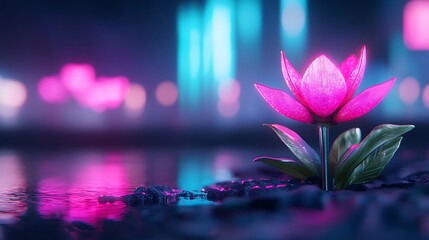 Futuristic Glowing Pink Lotus Flower in Neon Cityscape at Night