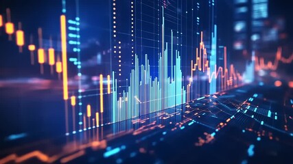 Abstract digital financial data visualization with glowing graphs and charts in a modern cityscape - Powered by Adobe