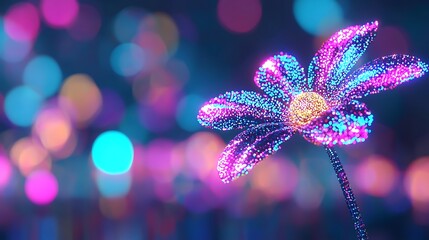 Sparkling Digital Flower Bloom Neon Pink Blue and Purple Particle Art