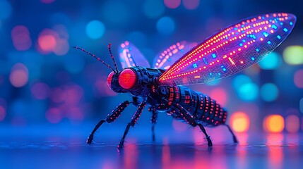Futuristic Robotic Insect Cyborg Fly Neon Lights Cyberpunk Sci Fi Technology