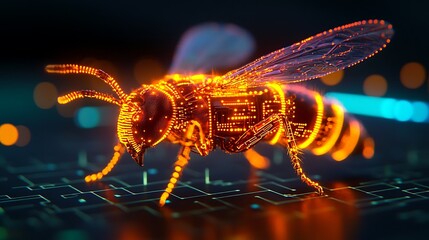 Futuristic Robotic Bee on Circuit Board Digital Insect Technology Concept