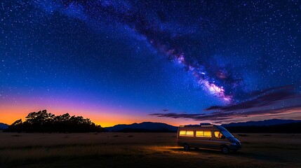 Camper Van Underneath a Stunning Milky Way Galaxy Night Sky