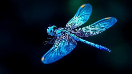 Vibrant Blue Dragonfly in Flight Closeup Macro Photography of Insect Wings