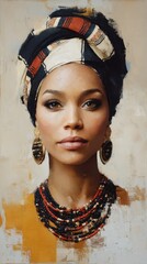 Elegant woman with headwrap and necklaces showcases cultural beauty in a warm-toned setting