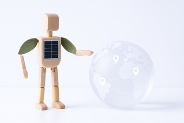 Robot figure with solar panel chest and leaf like arms standing next to globe with location markers, representing connectivity and technology internet of things, conveying innovation and global