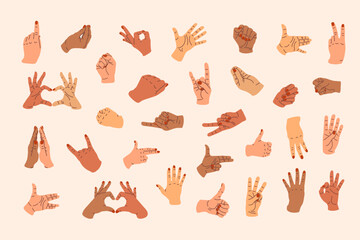 Hand gestures set. Signs, expression pointing finger, clenched fist, open, greeting palms, OK symbol