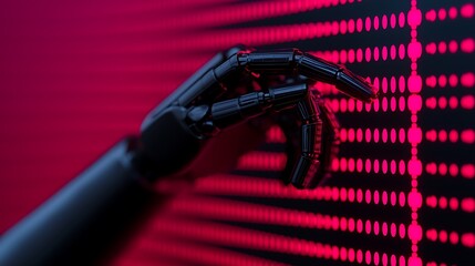 Robotic Hand Interacting with Red Digital Display Futuristic Technology Concept