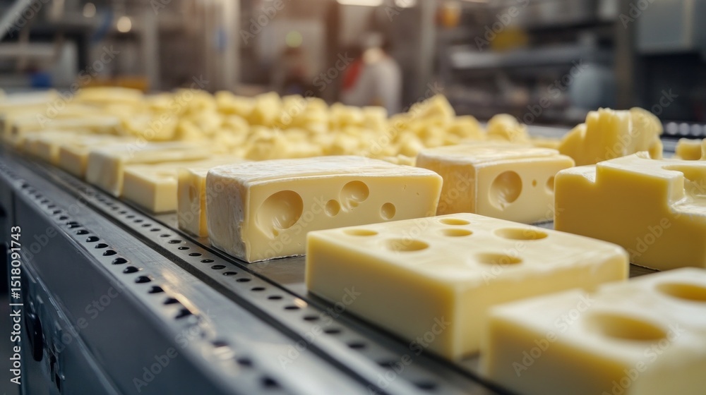 Aufkleber freshly cut cheese blocks are lined up on a conveyor belt in a modern manufacturing facility. worker