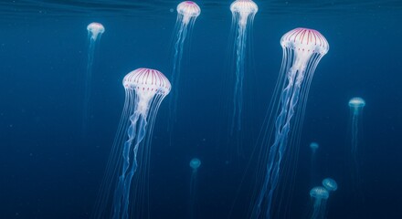 Pink jellyfish in deep blue water