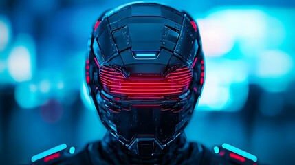 Futuristic Cyborg Robot in Neon Lit Setting Close up of Advanced Helmet with Red Lights