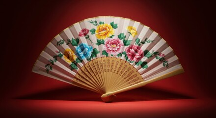 Ornate hand fan with vibrant floral painting,  displayed against a rich red backdrop