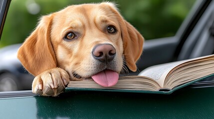 Adorable Golden Retriever Puppy Resting on Open Book in Car Window