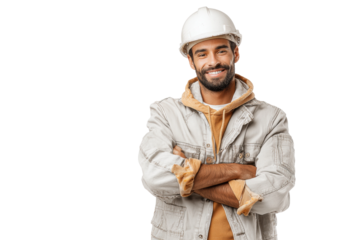 PNG Smiling hispanic male construction worker in hard hat and casual attire