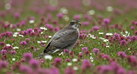 A hawk perches amidst a vibrant field of pink and white wildflowers, its gaze directed to the side