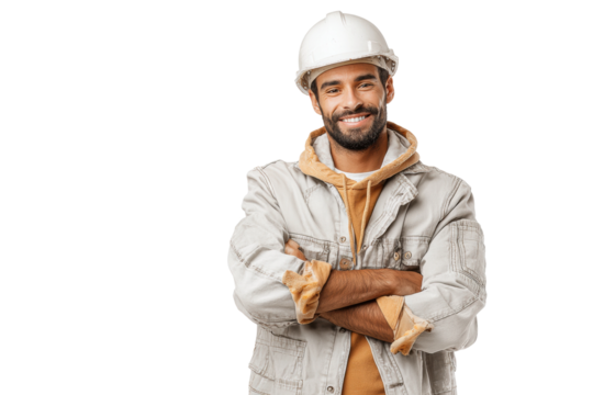 PNG Smiling hispanic male construction worker in hard hat and casual attire