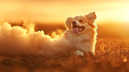 Happy Fluffy Dog in Golden Sunset Smoke Effect Canine Photography