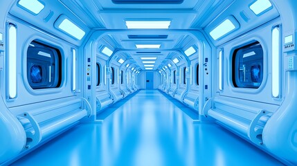 Futuristic Spaceship Corridor Sci Fi Interior Blue Lighting Empty Modern Clean Spaceship Tunnel