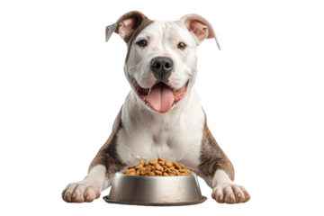 PNG Happy pit bull sitting with dog food in bowl