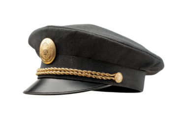 PNG Black captain's hat with gold emblem and braided trim on white background