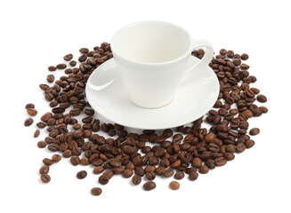 Ceramic cup with roasted coffee beans isolated on white