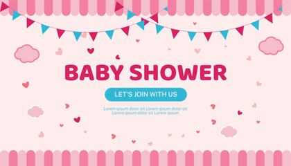Colorful baby shower invitation template featuring bunting flags, hearts, clouds, and playful typography. It is ideal for baby announcements, event invites, and celebration cards.