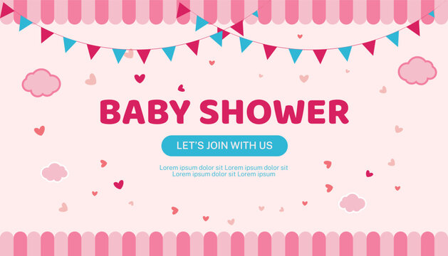 Colorful baby shower invitation template featuring bunting flags, hearts, clouds, and playful typography. It is ideal for baby announcements, event invites, and celebration cards.