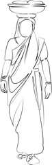One continuous line drawing on white isolated background. Minimalism linear illustration. woman, india, indian, food, rural, asia, tradition, village, adult