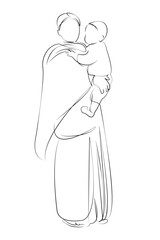 One continuous line drawing on white isolated background. Minimalism linear illustration. children, mother, woman, indian, love, happy, hug, baby, happiness, care