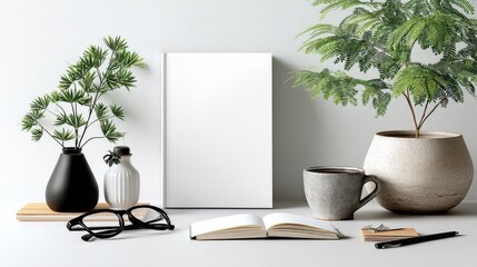 Elegant White Blank Book Cover Mockup Resting on a Minimalist Desk Adorned With Glasses, Plants, and a Cup, Creating a Serene Workspace Atmosphere