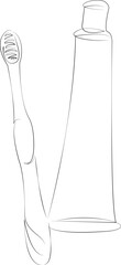 One continuous line drawing on white isolated background. Minimalism linear illustration. teeth, toothbrush, hygiene, toothpaste, care, bathroom, blue, clean, brush, dental
