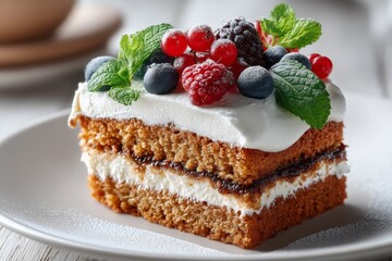 Indulgent Layers of Moist Cake With Fresh Berries and Mint on a Rustic Wooden Table Showcasing Sweet Elegance and Delightful Flavors in Soft Natural Light