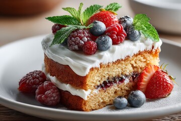 Moist Cake With Tender Crumb Layered With Rich Flavors, Topped With Light Frosting and Garnished With Fresh Berries and Mint on a Rustic Wooden Table