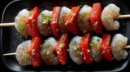 Vibrant Skewers of Raw Shrimp and Red Bell Pepper Captured Beautifully on a Black Plate With a Hint of Butter and Lime in Minimalist Style