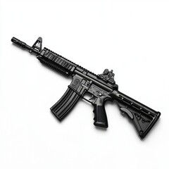 A black assault rifle with an attached magazine, sights, and adjustable stock is displayed isolated against a clean, bright, white background in this studio shot.