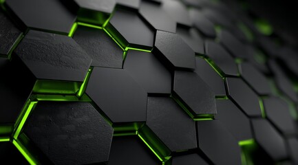 Futuristic Geometric Composition With Black Hexagonal Tiles and Glowing Green Accents Creates a Feeling of Depth and Infinite Space