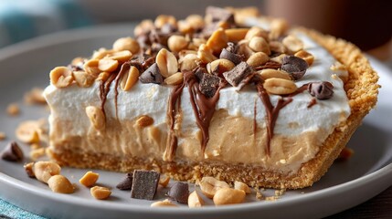 Indulging in a Slice of Creamy Peanut Butter Pie With a Rustic Crust and a Delightful Topping of Whipped Cream and Chocolate Shavings
