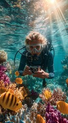 Exploring an Underwater Paradise, a Skilled Diver Captures Vibrant Marine Life Amidst Colorful Coral Reefs Illuminated by Sunlight