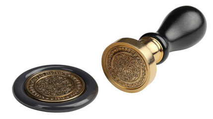 Classic notary seal with ornate floral pattern and ink pad, isolated on transparent background, creating a professional and elegant composition