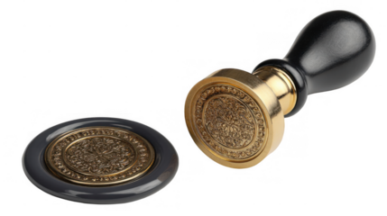 Classic notary seal with ornate floral pattern and ink pad, isolated on transparent background, creating a professional and elegant composition